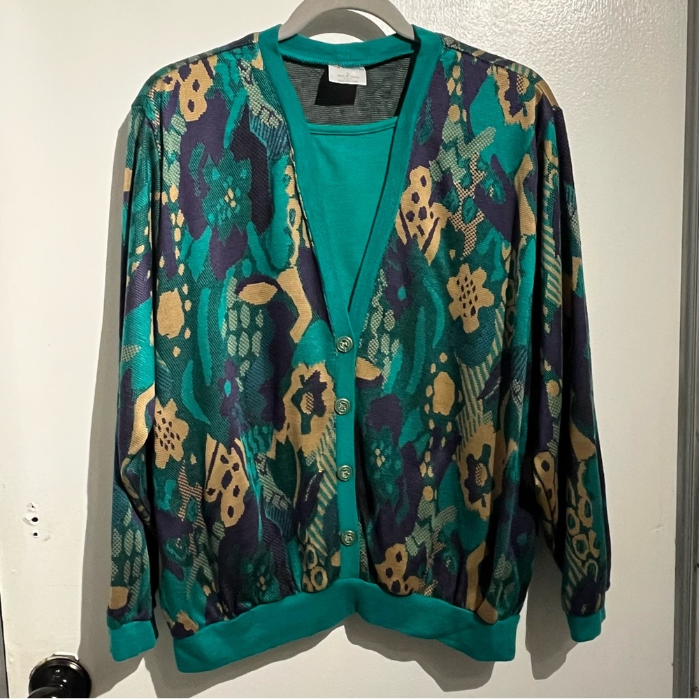 Vintage 80s Aileen Faux Cardigan Duet Blouse Top Size Large Maximalist Abstract